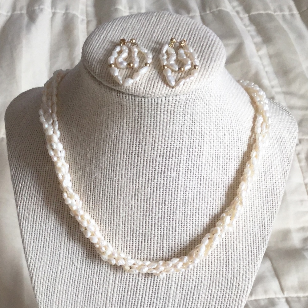 Vintage Rice Pearl 4 Twisted Strand Necklace & Earrings